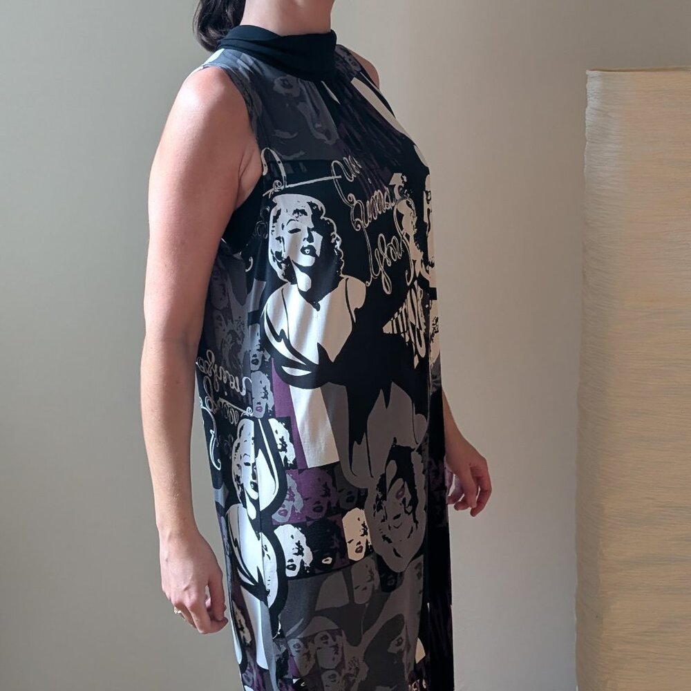 Marilyn Monroe Graphic Print Midi Tie Neck Dress M L Black White Pop Art Stretch - Picture 5 of 11